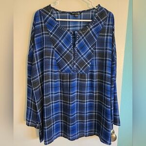 Plus Moda Plaid Blue/Black Blouse Size 2X